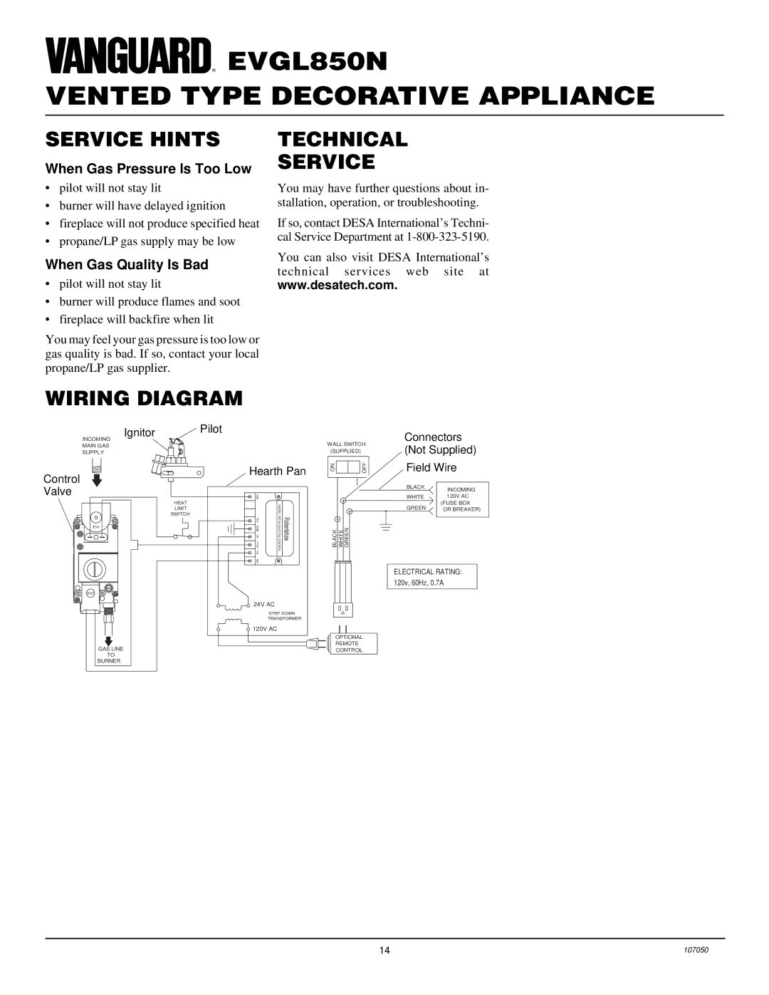 Desa EVGL850N installation manual Service Hints, Technical Service, Wiring Diagram 