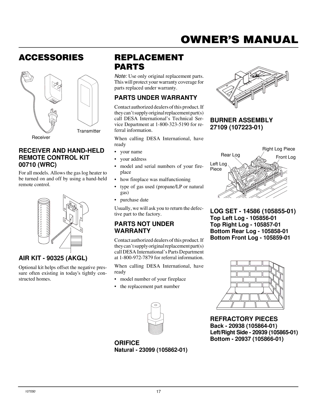 Desa EVGL850N Accessories Replacement Parts, Parts Under Warranty, Receiver and HAND-HELD Remote Control KIT 00710 WRC 