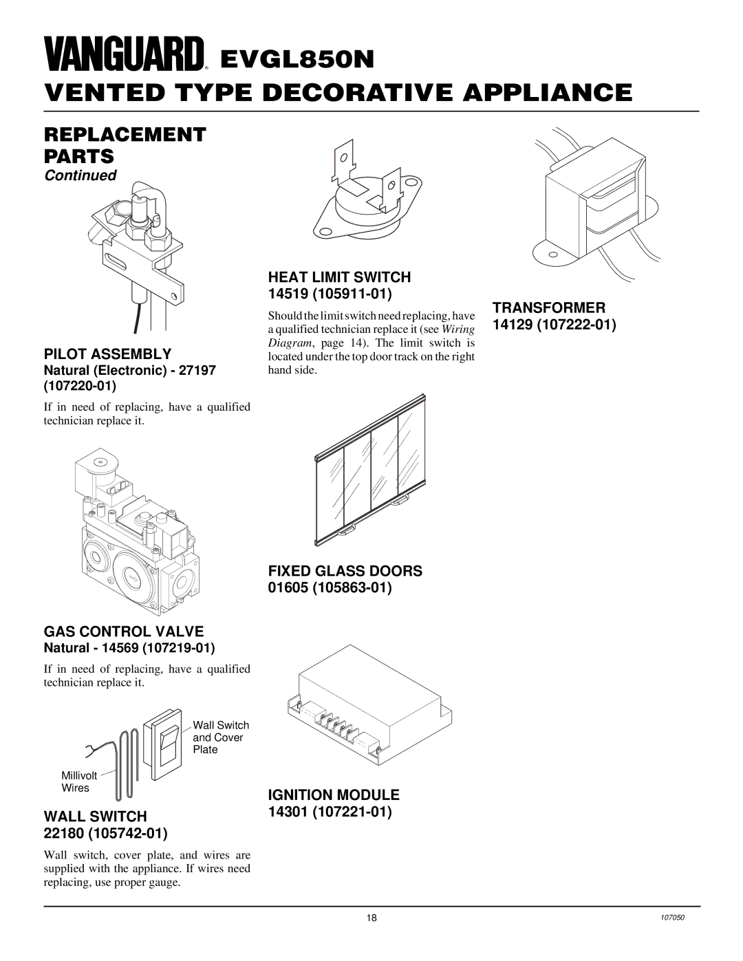 Desa EVGL850N installation manual Replacement Parts, Pilot Assembly, GAS Control Valve 