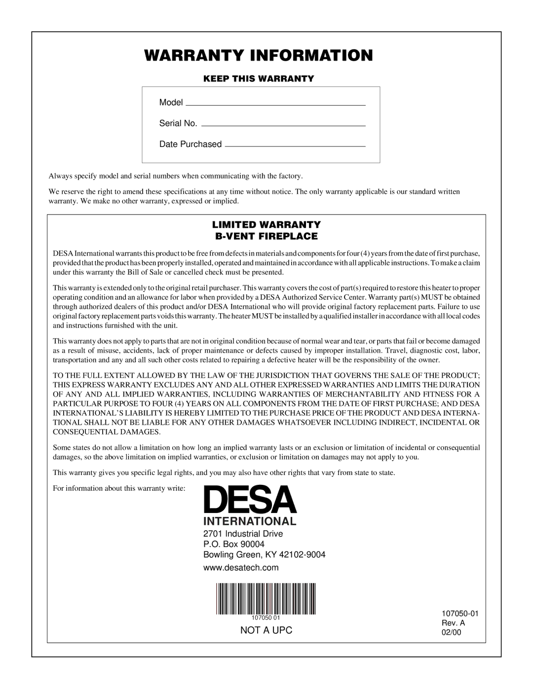 Desa EVGL850N installation manual Warranty Information 