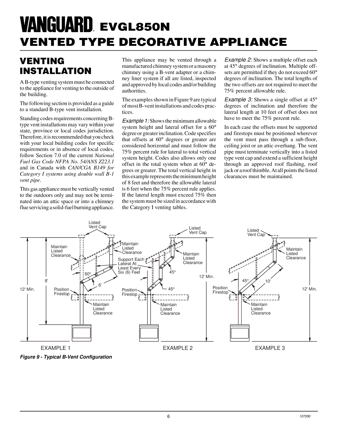 Desa EVGL850N installation manual Venting Installation, Typical B-Vent Configuration 