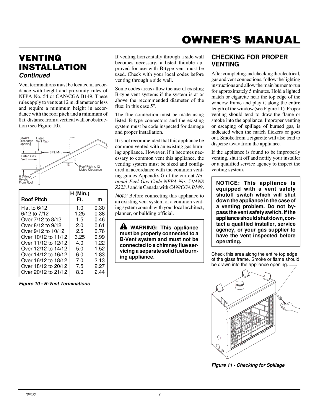 Desa EVGL850N installation manual Checking for Proper Venting, Min Roof Pitch 