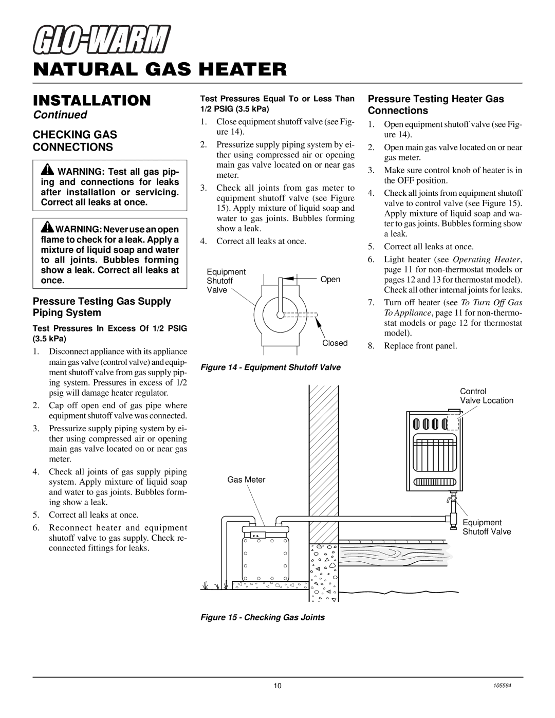 Desa FAS-10BB Checking GAS Connections, Pressure Testing Gas Supply Piping System, Pressure Testing Heater Gas Connections 