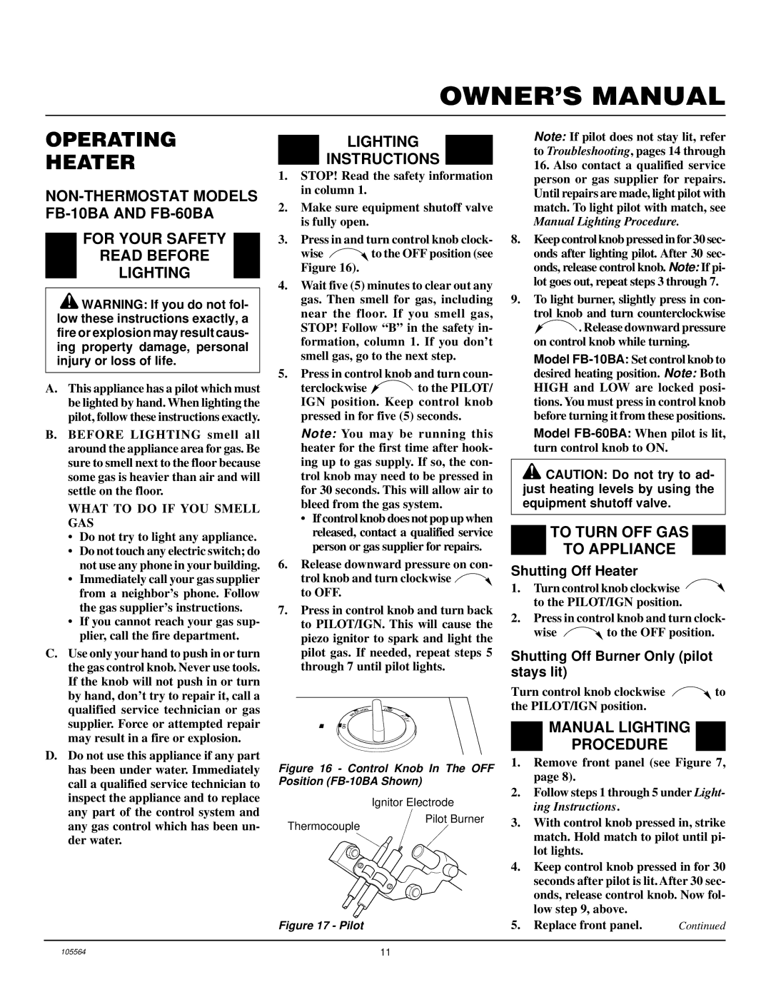 Desa FA-60BA, FA-10BA Operating Heater, Lighting Instructions, To Turn OFF GAS To Appliance, Manual Lighting Procedure 