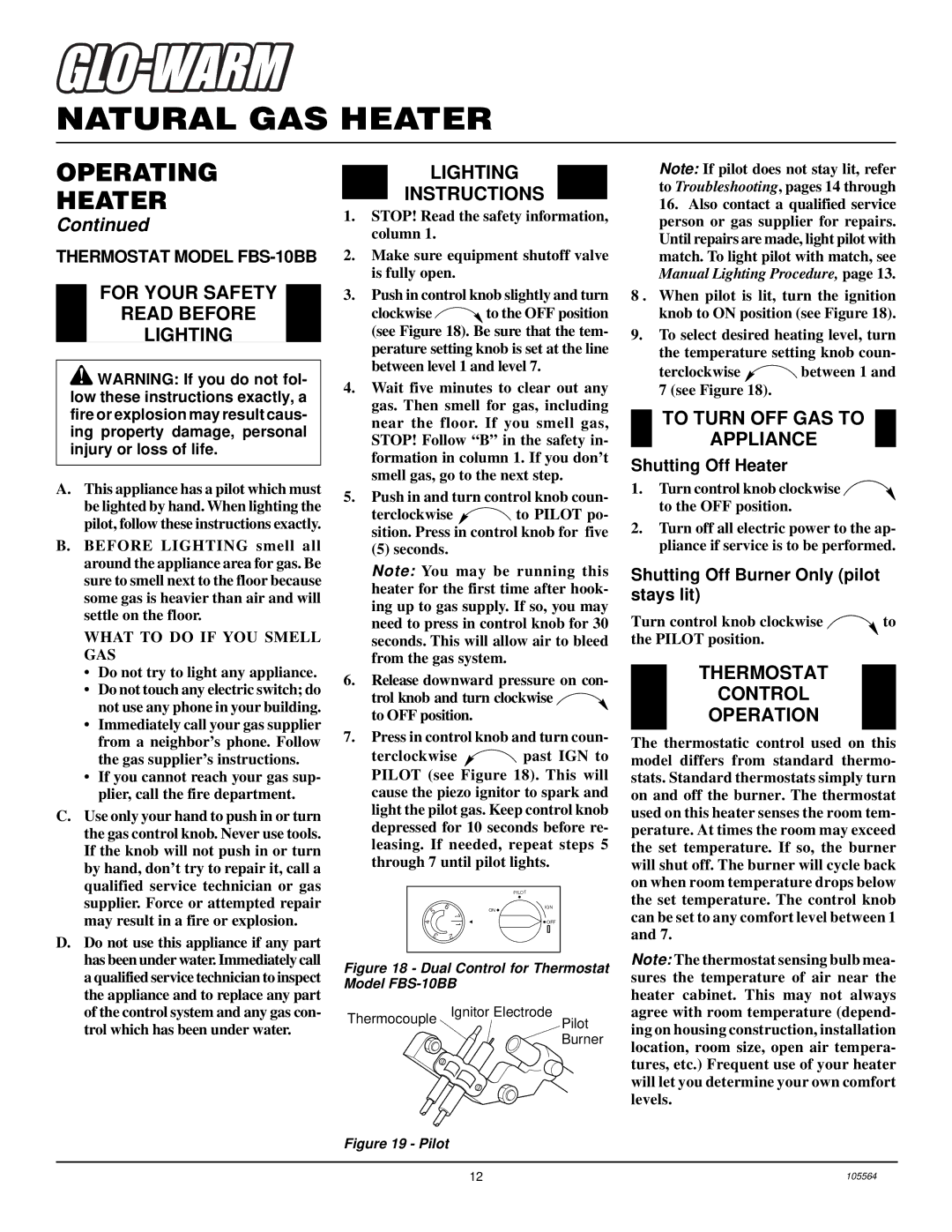 Desa FA-10BA, FAS-10BB, FA-60BA installation manual For Your Safety Read Before Lighting, Thermostat Control Operation 