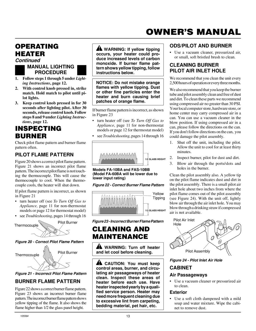 Desa FAS-10BB, FA-10BA, FA-60BA installation manual Inspecting Burner, Cleaning and Maintenance 