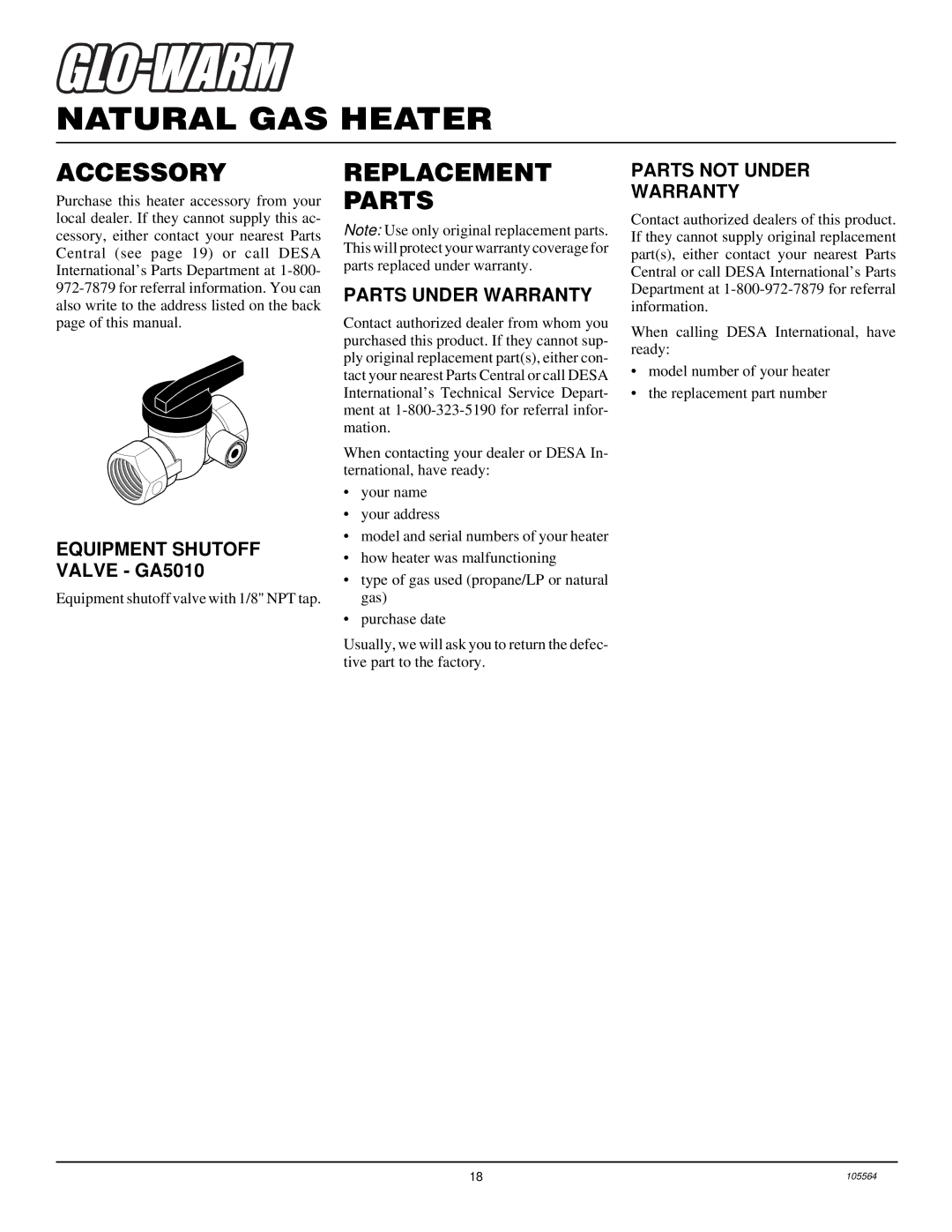 Desa FA-10BA Accessory, Replacement Parts, Equipment Shutoff Valve GA5010, Parts Under Warranty, Parts not Under Warranty 