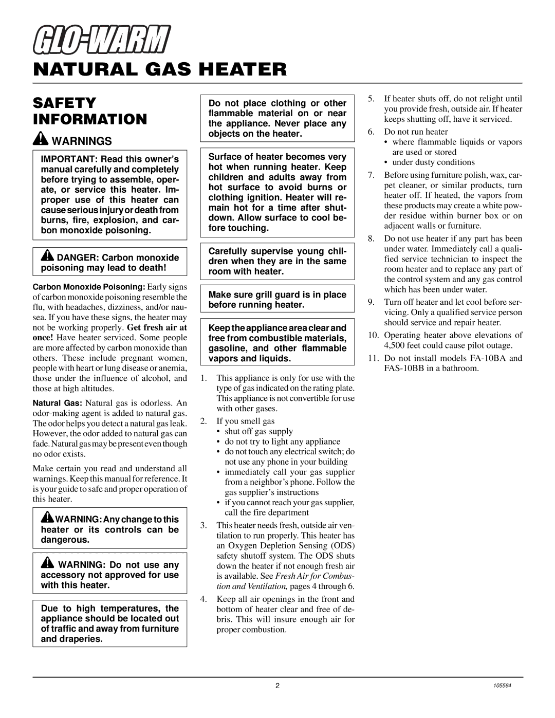 Desa FA-60BA, FA-10BA, FAS-10BB installation manual Natural GAS Heater, Safety Information 