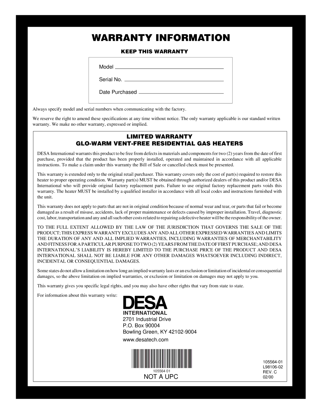 Desa FA-60BA, FA-10BA, FAS-10BB installation manual Warranty Information 