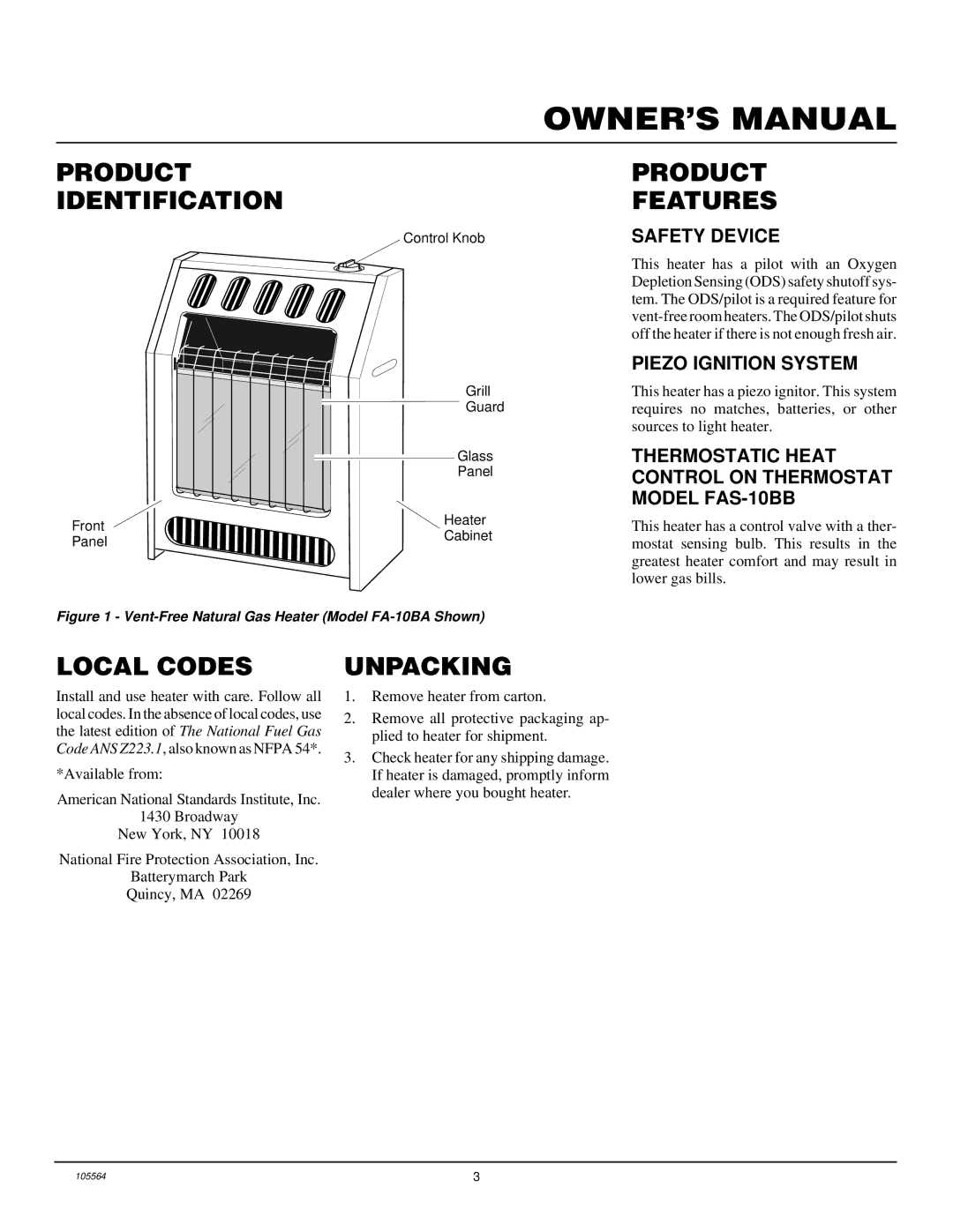 Desa FA-10BA, FAS-10BB, FA-60BA installation manual Product Identification, Product Features, Local Codes, Unpacking 