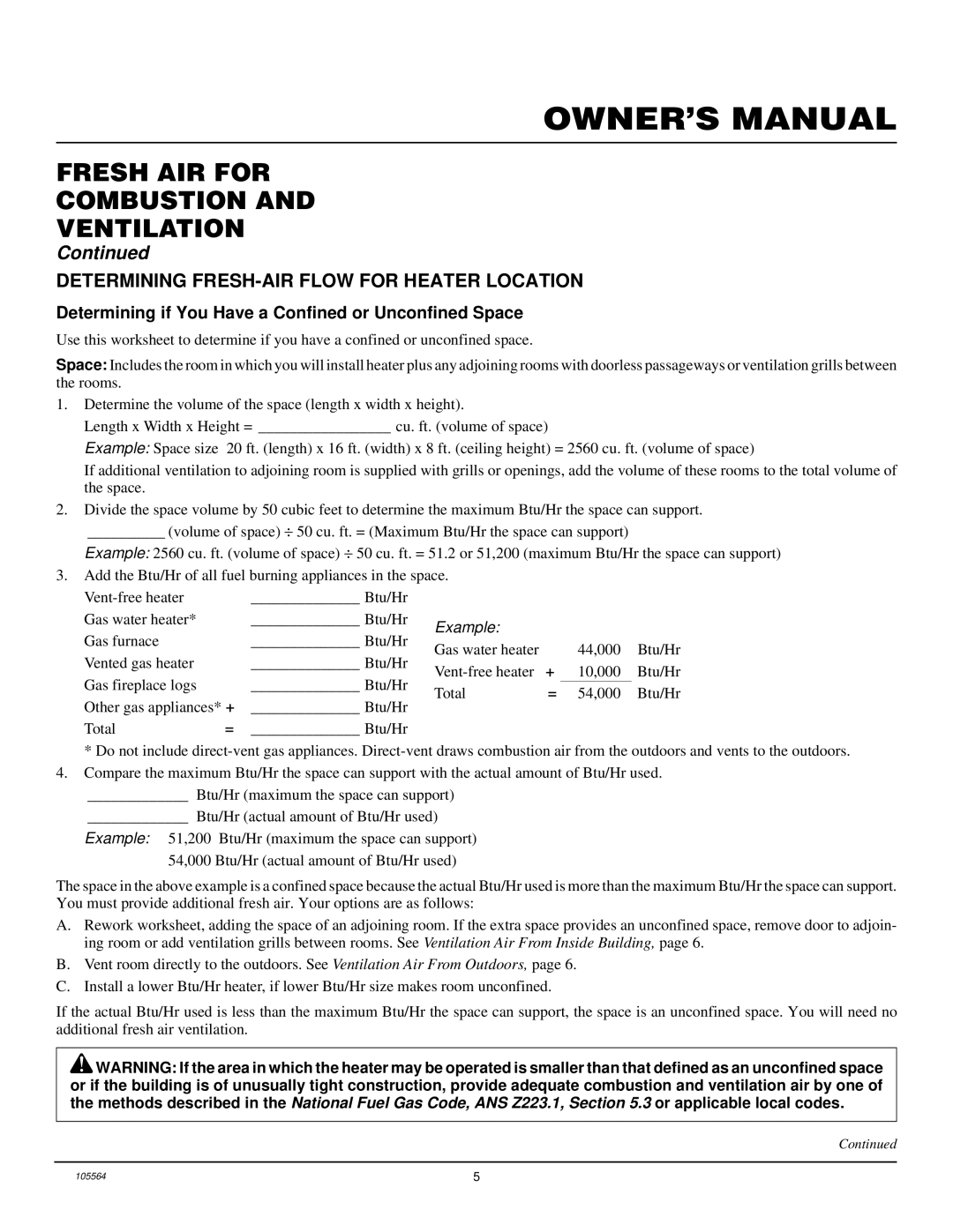 Desa FA-60BA, FA-10BA, FAS-10BB Fresh AIR for Combustion Ventilation, Determining FRESH-AIR Flow for Heater Location 