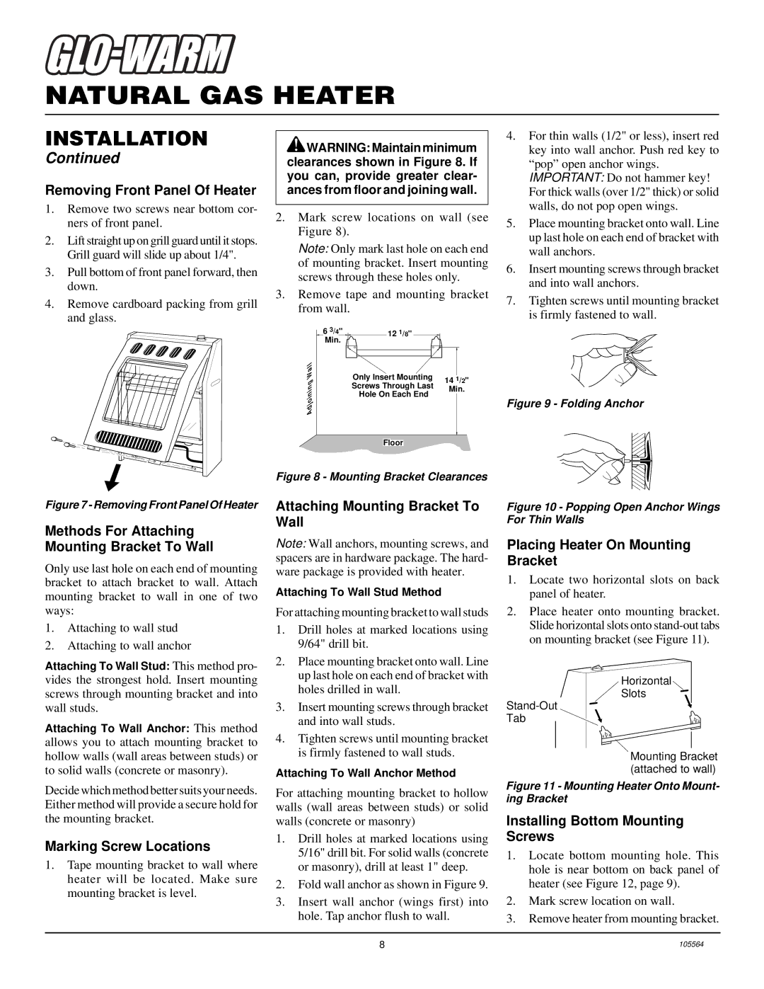 Desa FA-60BA Removing Front Panel Of Heater, Methods For Attaching Mounting Bracket To Wall, Marking Screw Locations 