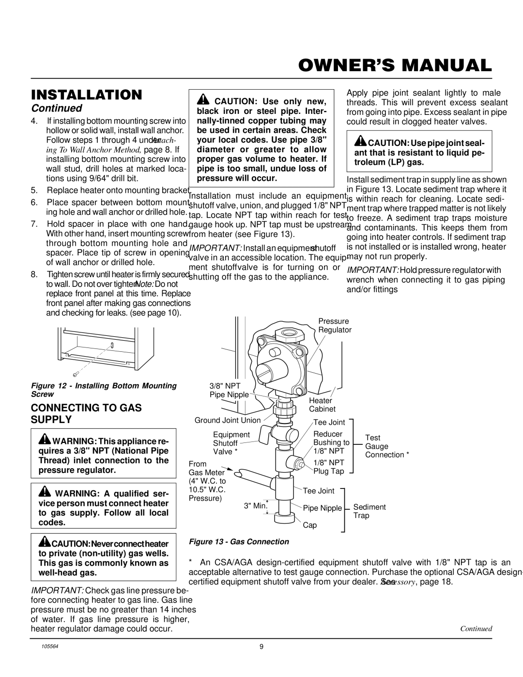 Desa FA-10BA, FAS-10BB, FA-60BA installation manual Connecting to GAS Supply, Installing Bottom Mounting Screw 