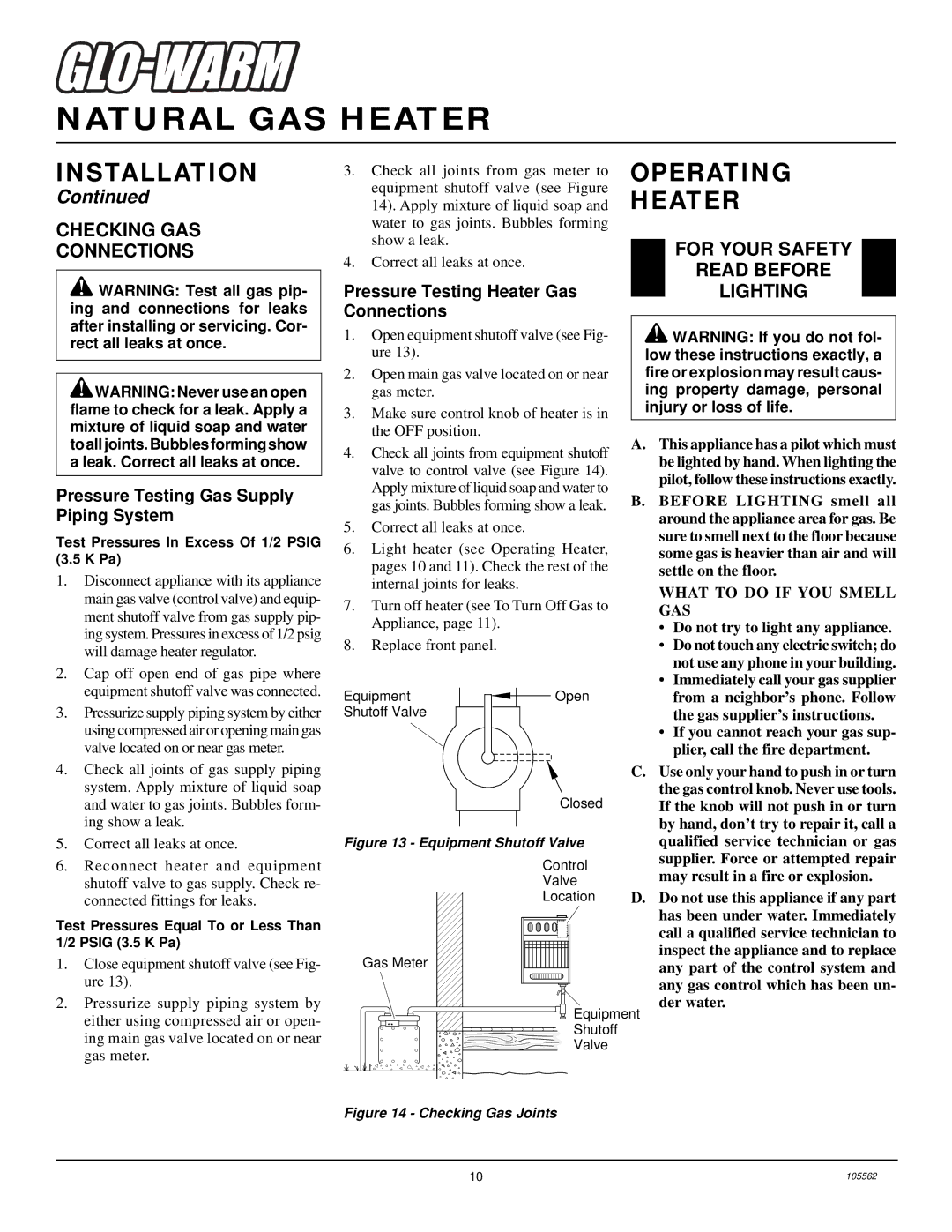 Desa FA-2B installation manual Operating, Heater, Checking GAS Connections, For Your Safety, Lighting 