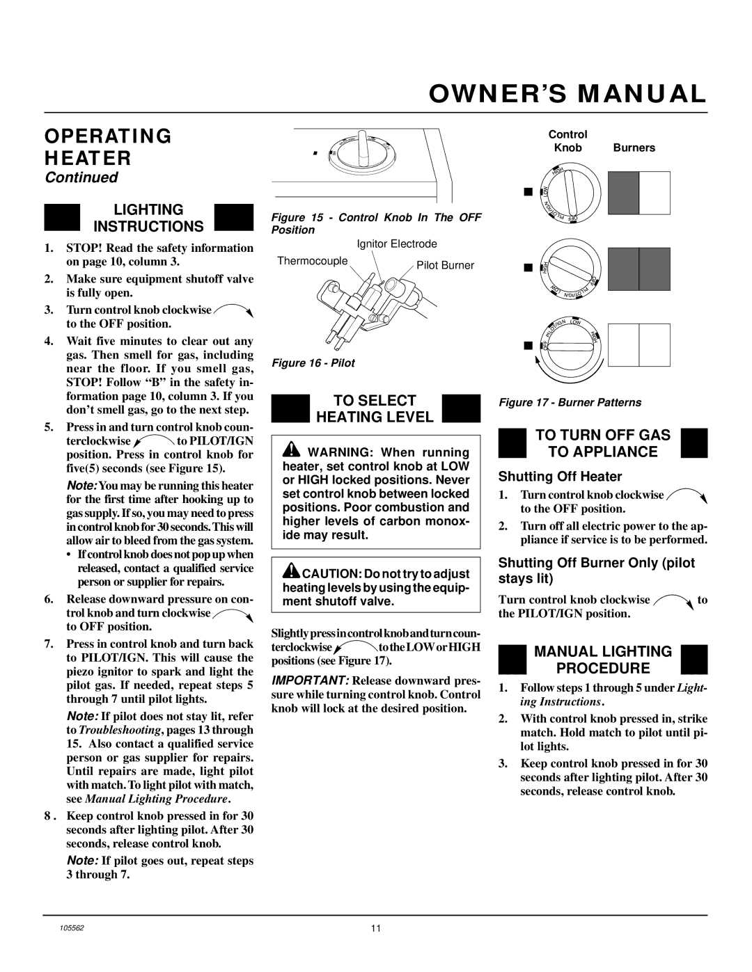 Desa FA-2B Operating Heater, Lighting Instructions, To Select Heating Level, To Turn OFF GAS To Appliance 