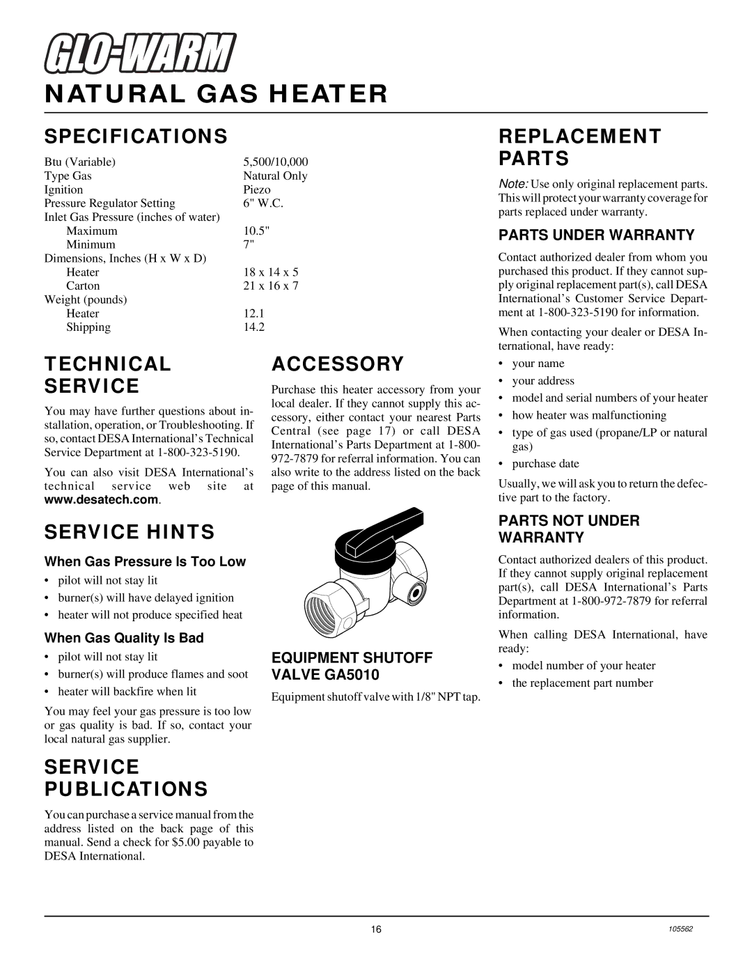 Desa FA-2B Specifications, Replacement Parts, Technical Service, Accessory, Service Hints, Service Publications 