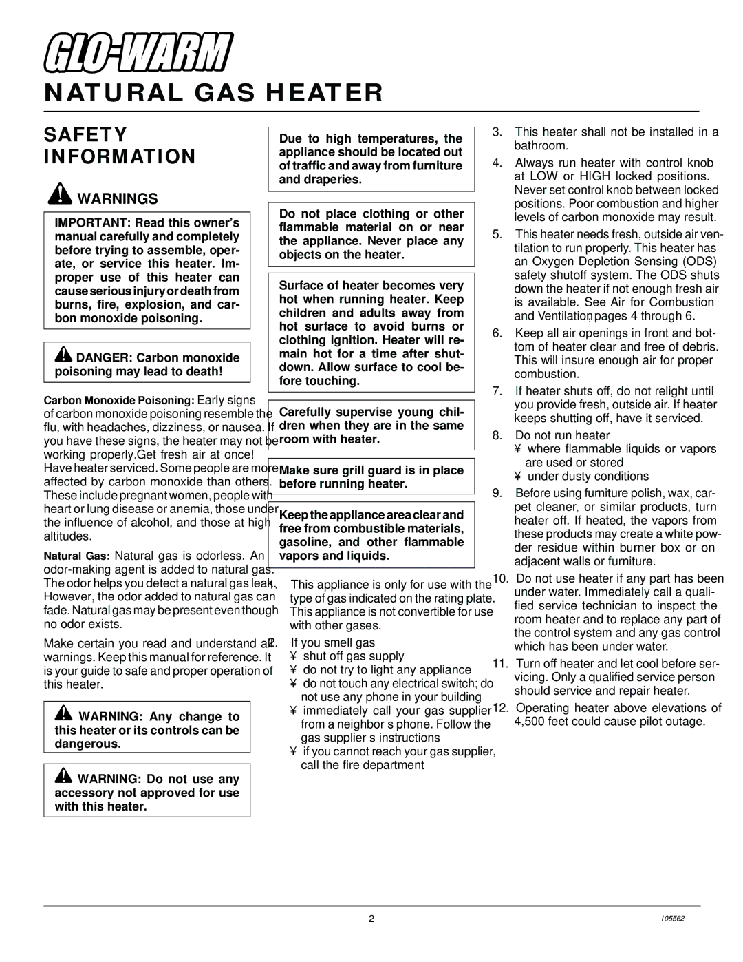 Desa FA-2B installation manual Natural GAS Heater, Safety Information 