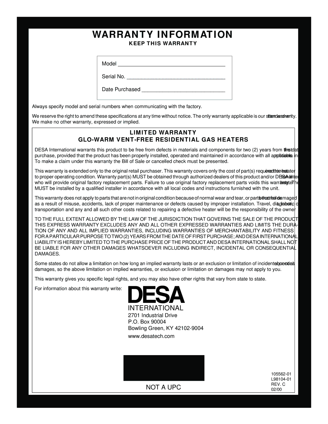 Desa FA-2B installation manual Warranty Information 