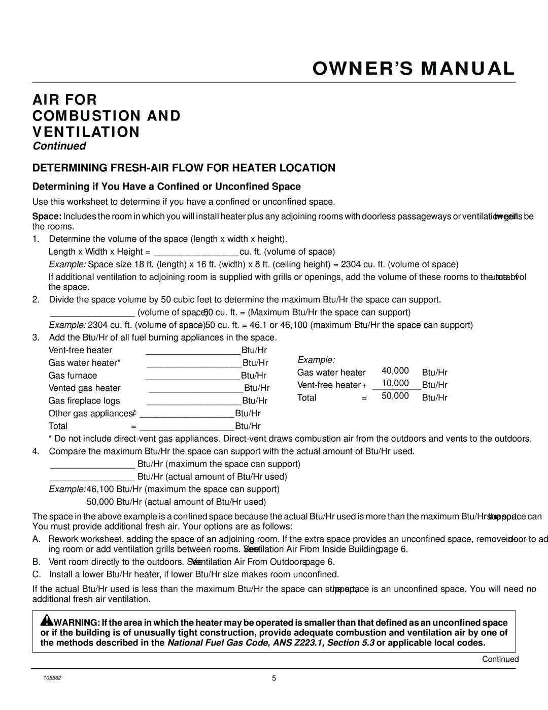 Desa FA-2B installation manual AIR for Combustion Ventilation, Determining FRESH-AIR Flow for Heater Location 