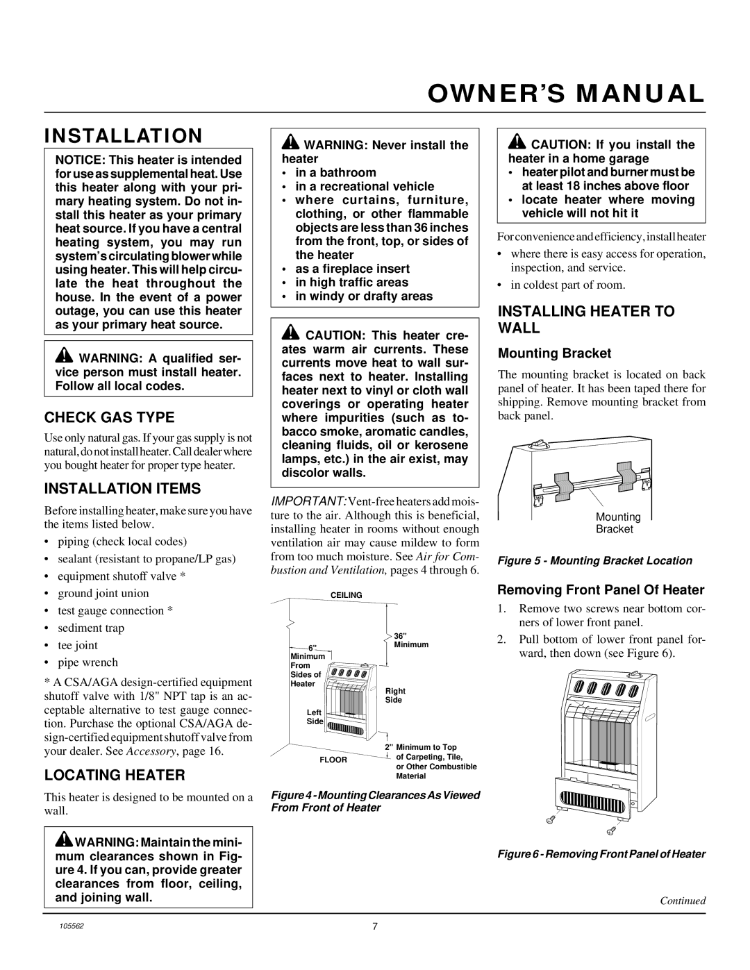 Desa FA-2B installation manual Check GAS Type, Installation Items, Installing Heater to Wall, Locating Heater 