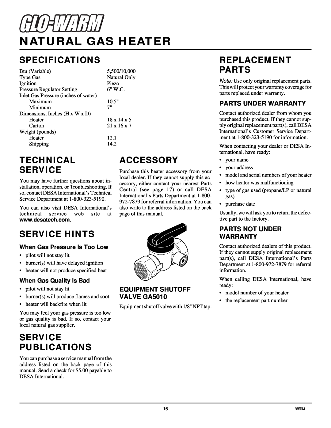 Desa FA-2B Specifications, Replacement Parts, Technical Service, Accessory, Service Hints, Service Publications 