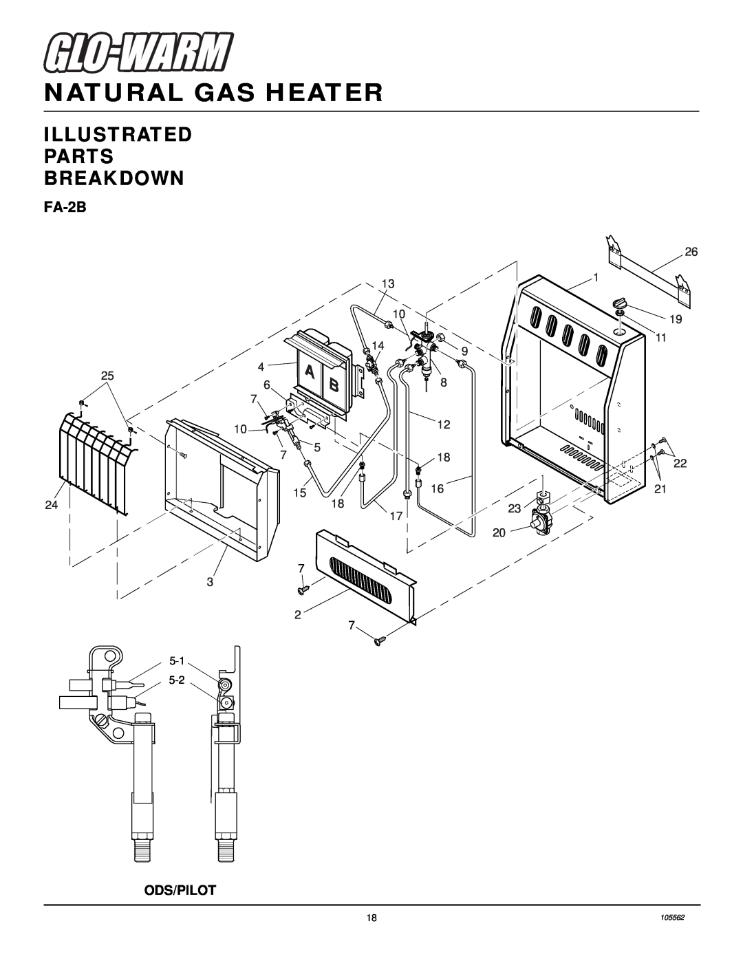Desa FA-2B installation manual Illustrated Parts Breakdown, Natural Gas Heater, 105562 