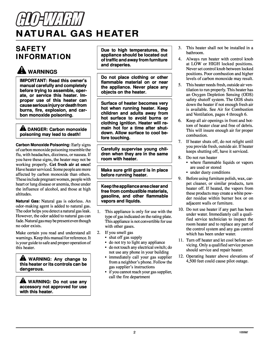 Desa FA-2B installation manual Natural Gas Heater, Safety Information, DANGER Carbon monoxide poisoning may lead to death 