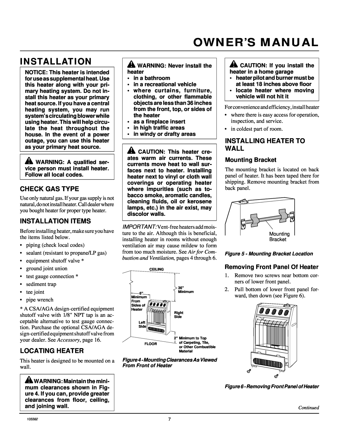 Desa FA-2B Installation, Owner’S Manual, WARNING Never install the heater in a bathroom, in a recreational vehicle 