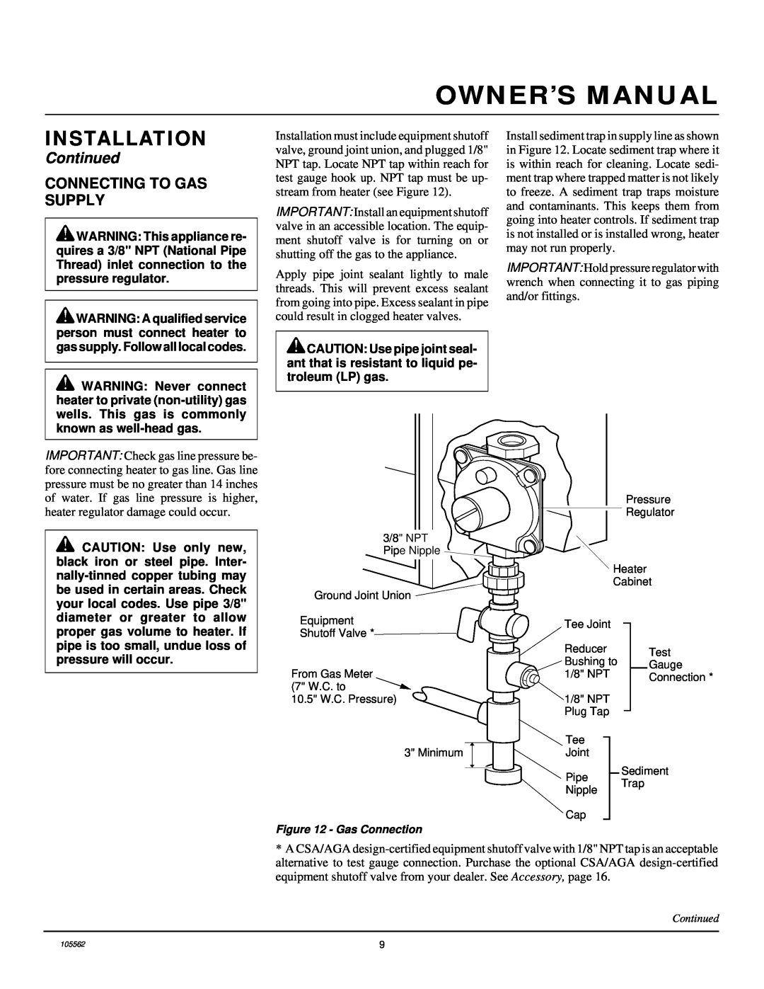 Desa FA-2B installation manual Owner’S Manual, Installation, Continued, Connecting To Gas Supply, Gas Connection 