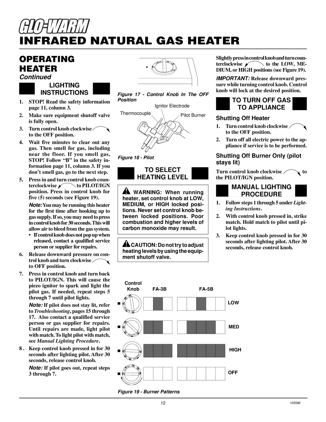 Desa FA-5B, FA-3B Lighting Instructions, To Select Heating Level, To Turn OFF GAS To Appliance, Manual Lighting Procedure 