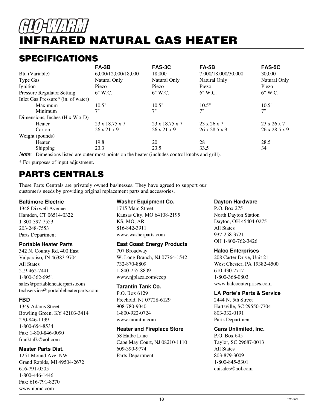 Desa FAS-3C, FA-5B, FA-3B, FAS-5C installation manual Specifications, Parts Centrals 