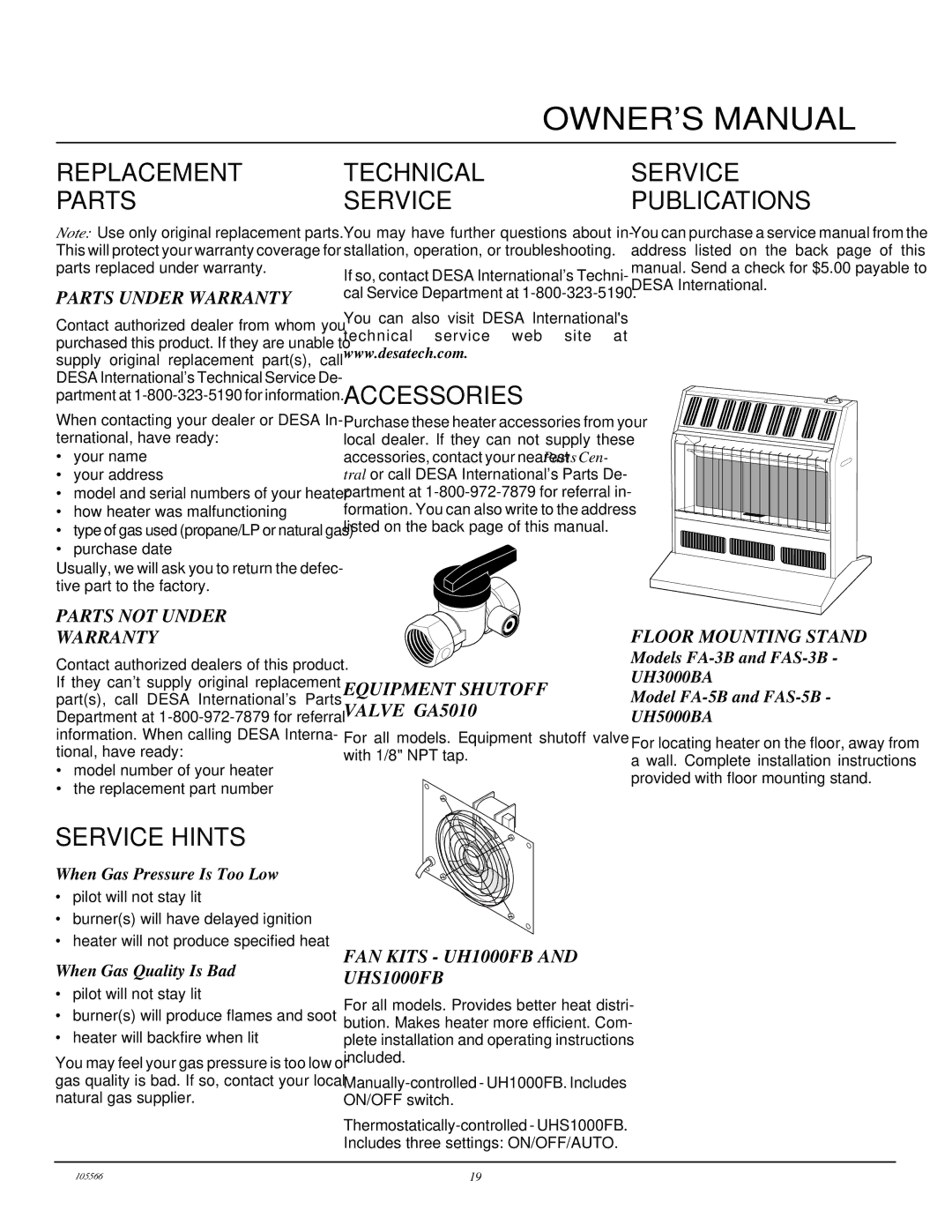 Desa FAS-5C, FA-5B, FA-3B, FAS-3C Replacement Parts, Service Hints, Technical Service, Accessories, Service Publications 