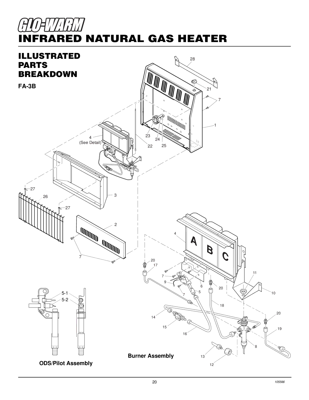 Desa FA-5B, FAS-3C, FAS-5C installation manual Illustrated Parts Breakdown, FA-3B, Burner Assembly ODS/Pilot Assembly 