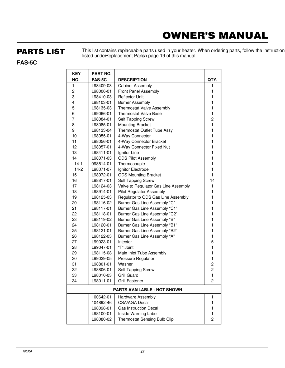 Desa FA-5B, FA-3B, FAS-3C installation manual KEY FAS-5C Description QTY 