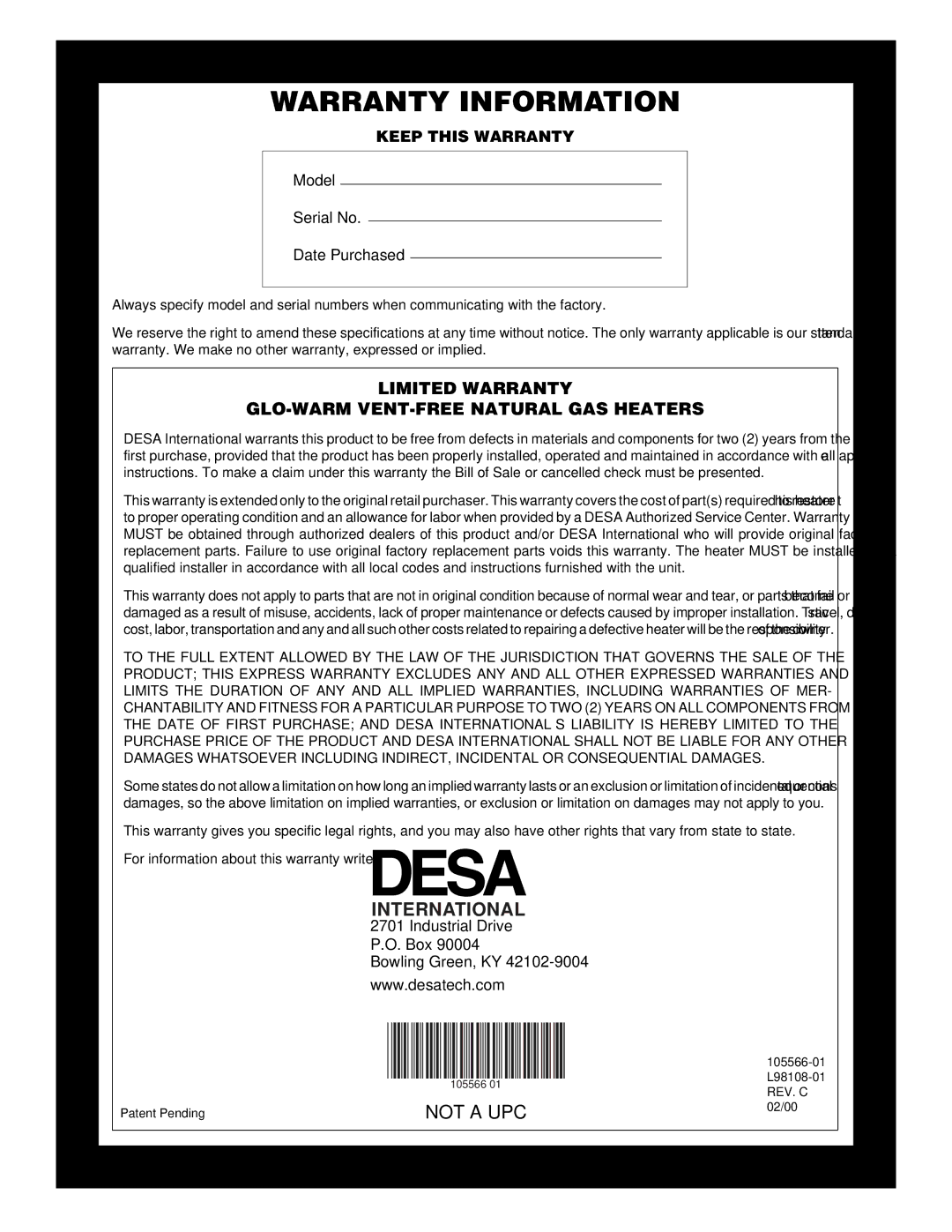 Desa FA-5B, FA-3B, FAS-3C, FAS-5C installation manual Warranty Information, International 