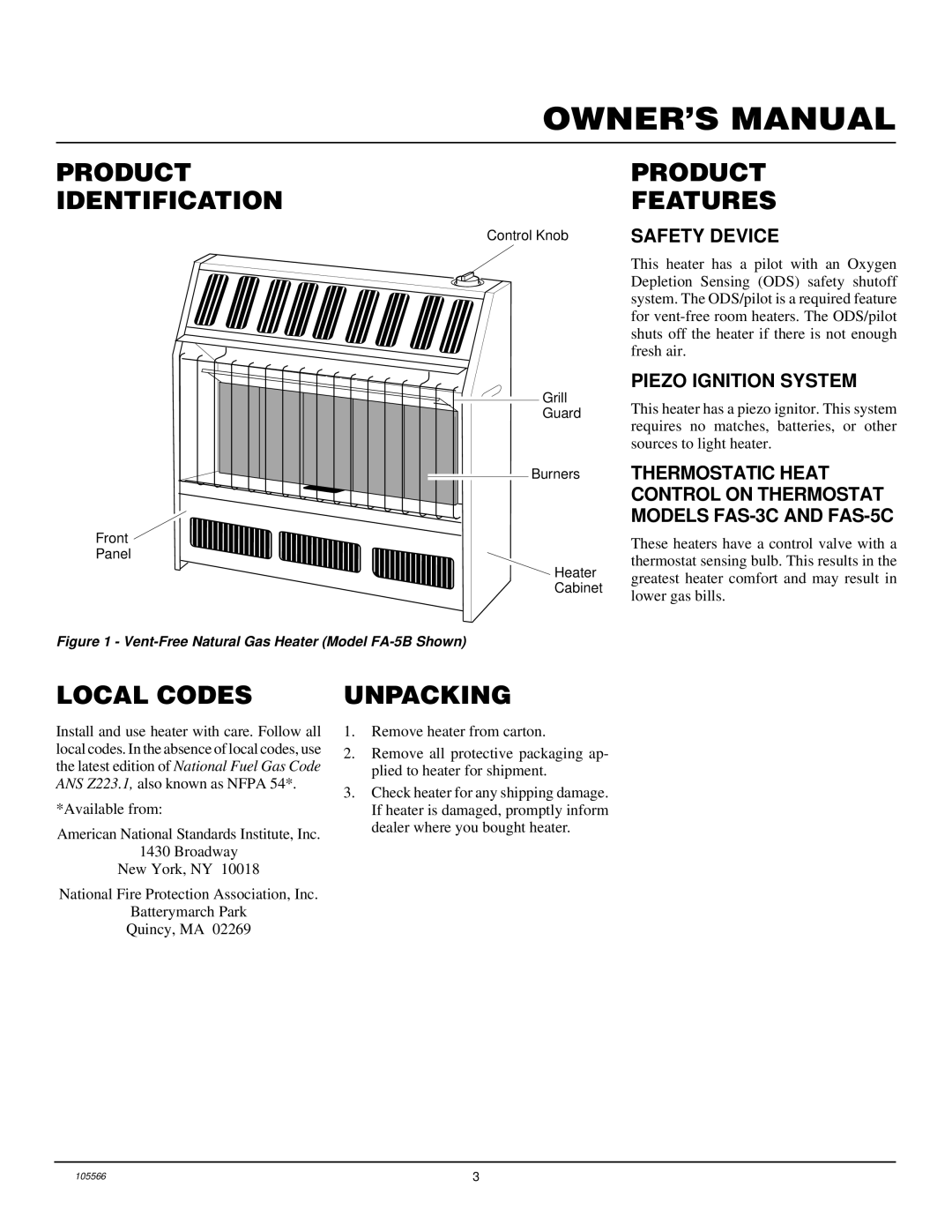 Desa FAS-5C, FA-5B, FA-3B, FAS-3C installation manual Product Identification, Product Features, Local Codes, Unpacking 