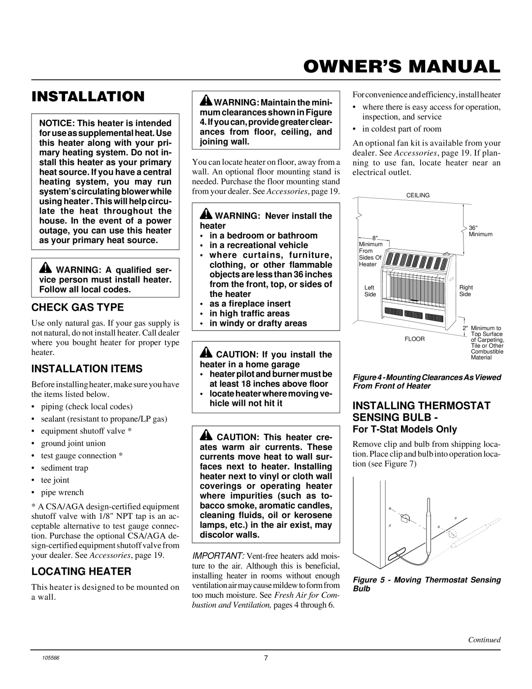 Desa FAS-5C, FA-5B, FA-3B Check GAS Type, Installation Items, Locating Heater, Installing Thermostat Sensing Bulb 