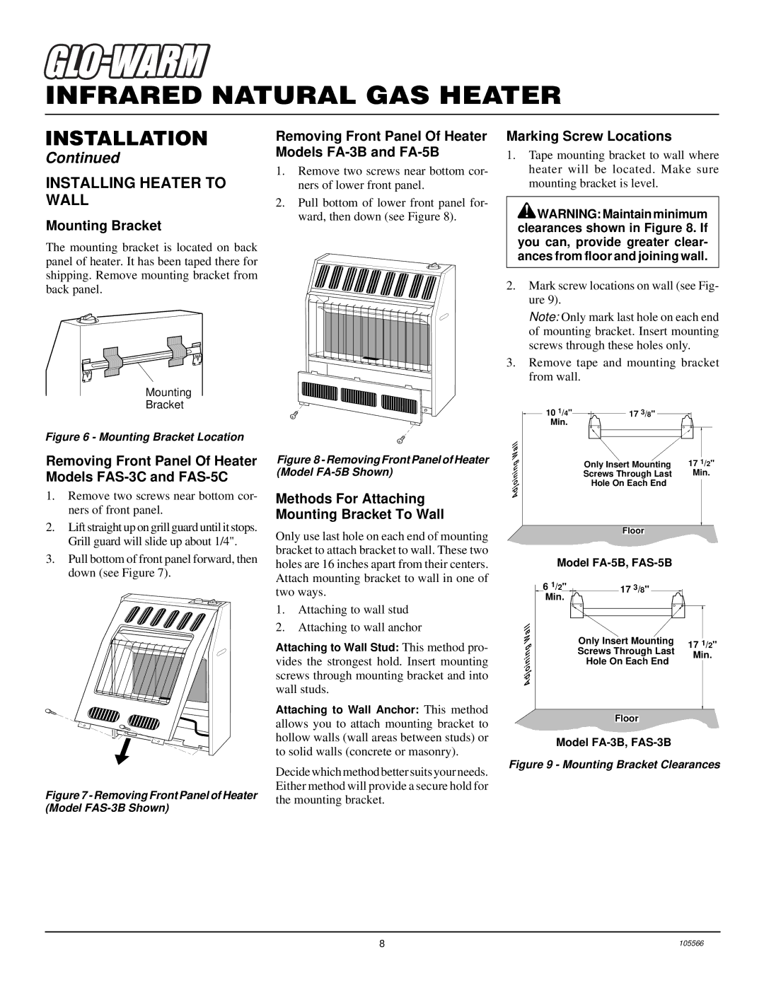 Desa FAS-3C, FAS-5C Installing Heater to Wall, Mounting Bracket, Removing Front Panel Of Heater Models FA-3B and FA-5B 