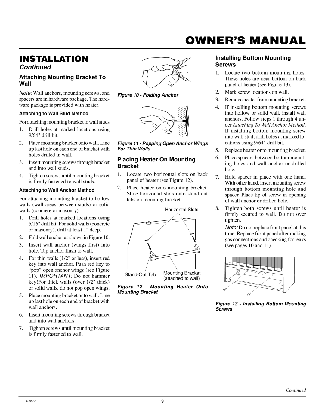 Desa FA-3B Attaching Mounting Bracket To Wall, Placing Heater On Mounting Bracket, Installing Bottom Mounting Screws 