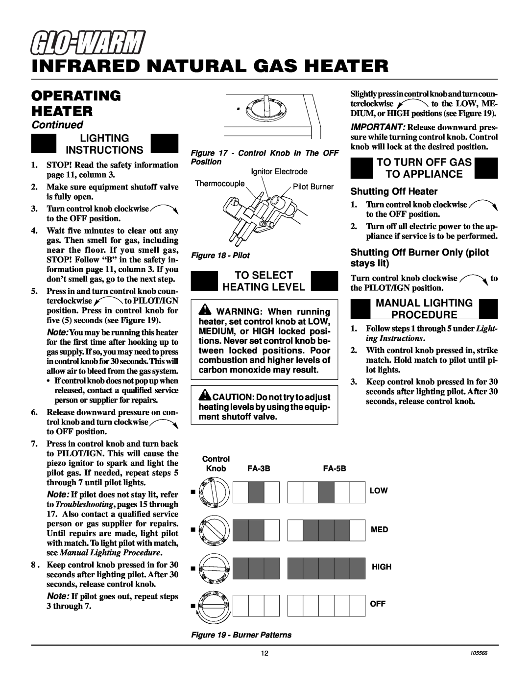 Desa FA-5B, FA-3B Lighting Instructions, To Select Heating Level, To Turn Off Gas To Appliance, Manual Lighting Procedure 
