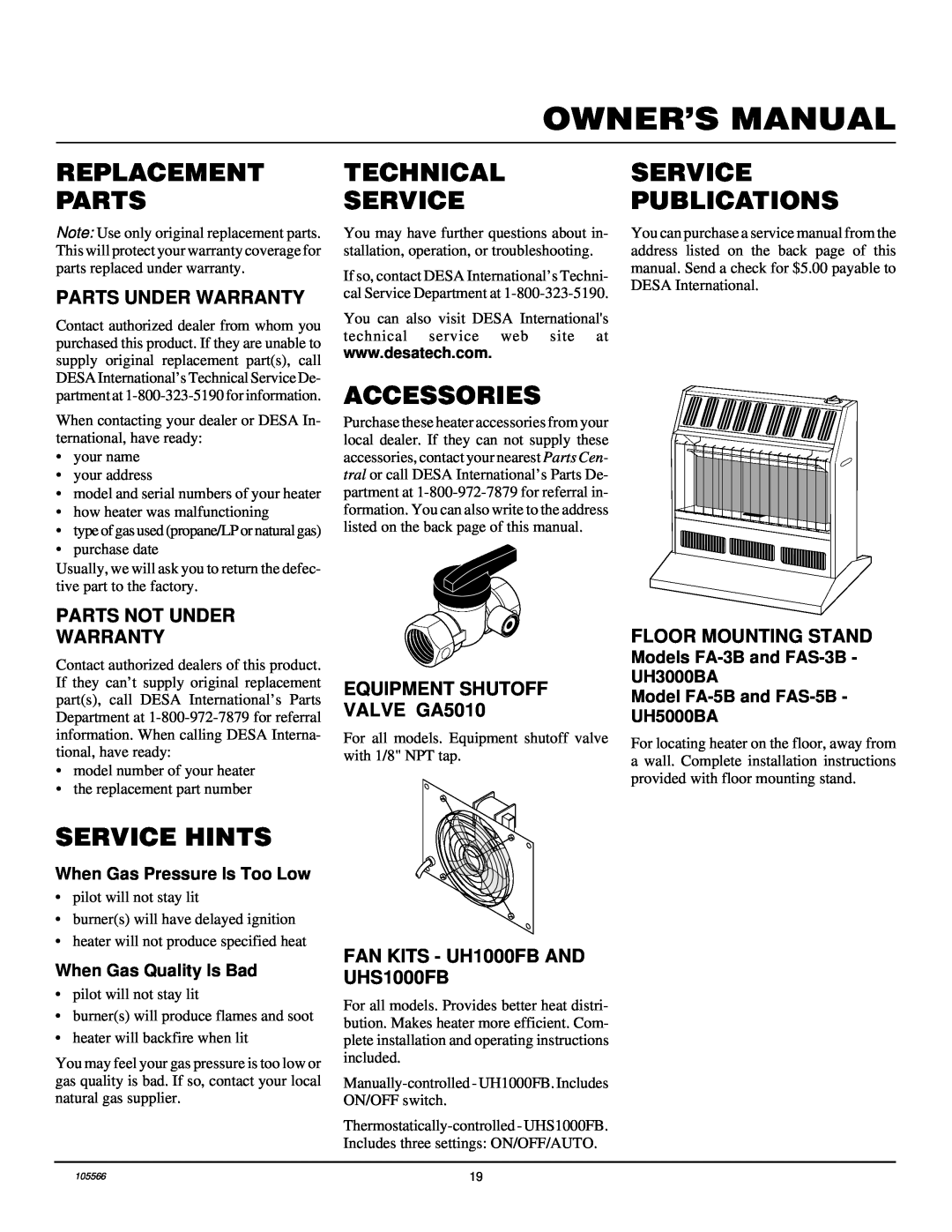 Desa FAS-5C Replacement Parts, Service Hints, Technical Service, Accessories, Service Publications, Parts Under Warranty 