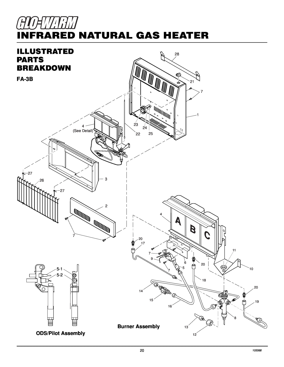 Desa FA-5B Illustrated Parts Breakdown, FA-3B, Burner Assembly, ODS/Pilot Assembly, Infrared Natural Gas Heater, 4 20 