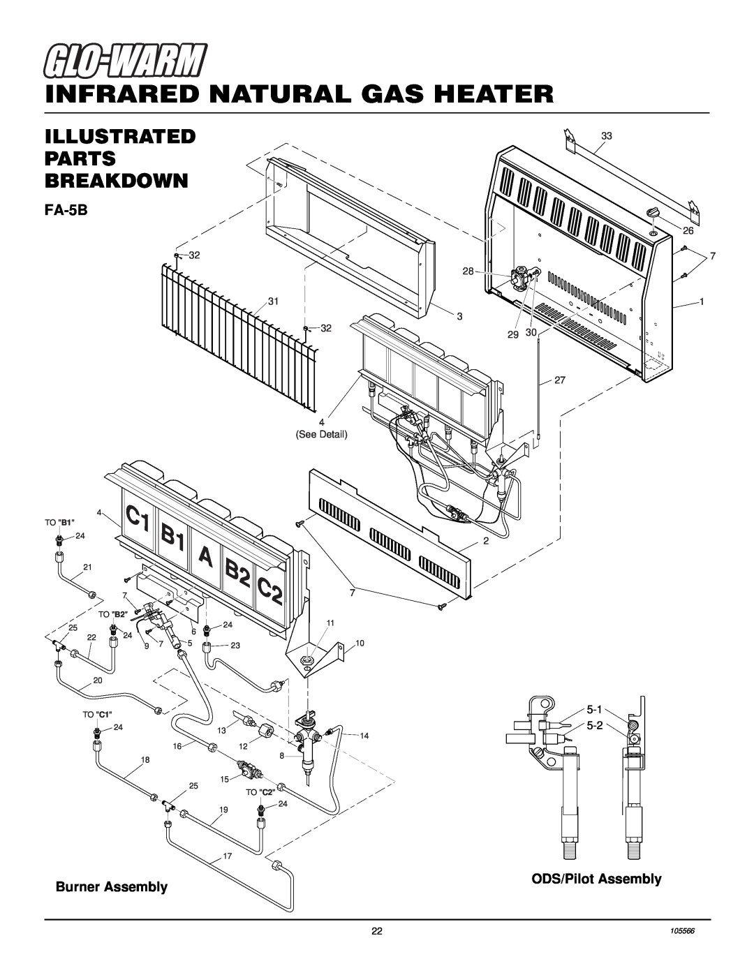 Desa FAS-3C, FA-3B FA-5B, Infrared Natural Gas Heater, Illustrated Parts Breakdown, Burner Assembly, ODS/Pilot Assembly 