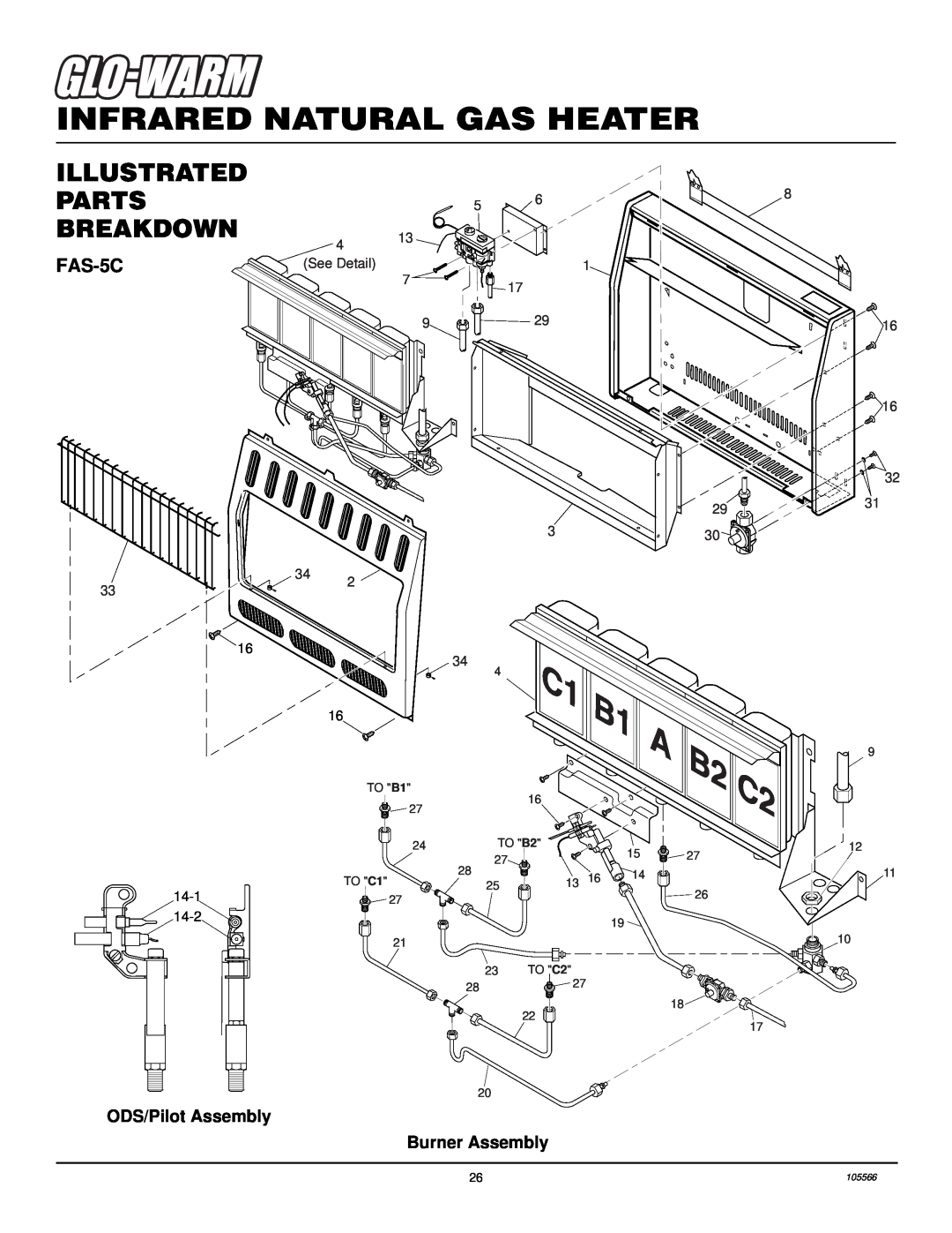 Desa FAS-3C, FA-5B FAS-5C, Infrared Natural Gas Heater, Illustrated Parts Breakdown, ODS/Pilot Assembly, Burner Assembly 
