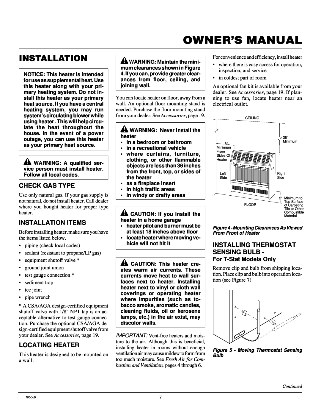 Desa FAS-5C, FA-5B, FA-3B Check Gas Type, Installation Items, Locating Heater, Installing Thermostat Sensing Bulb 