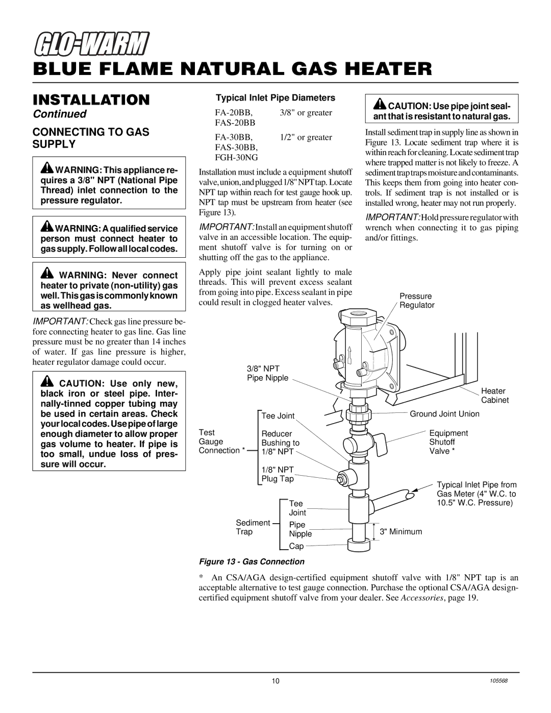 Desa FAS-30BB, FA-20BB, FGH-30NGB, FAS-20BB, FA-30BB installation manual Connecting to GAS Supply, Typical Inlet Pipe Diameters 