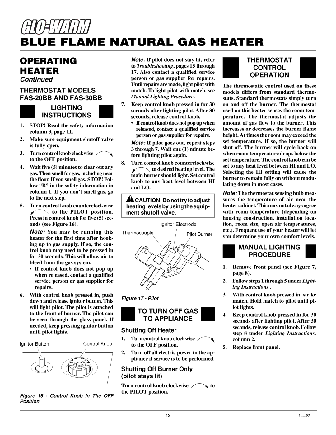 Desa FGH-30NGB Operating Heater, To Turn OFF GAS To Appliance, Thermostat Control Operation, Manual Lighting Procedure 