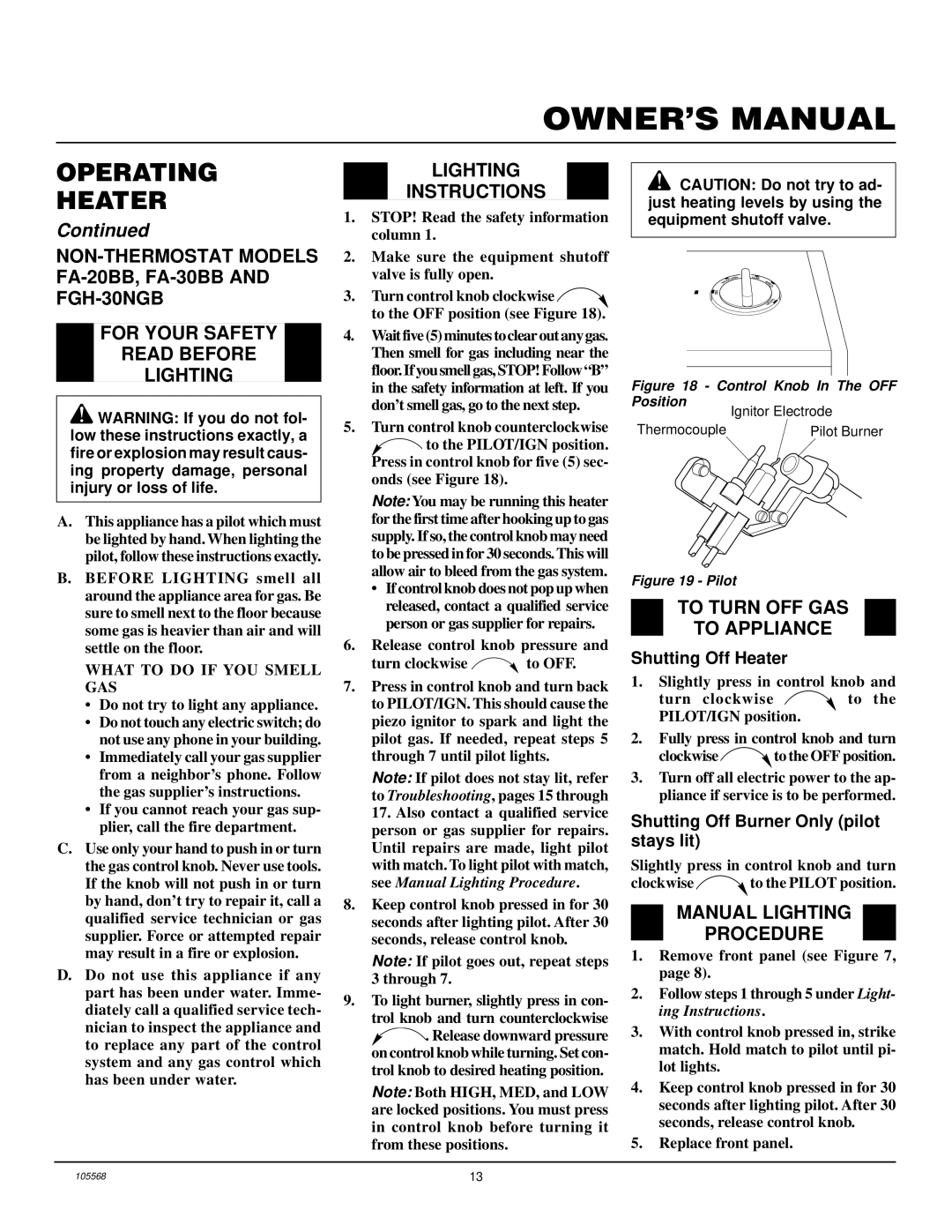 Desa FAS-20BB, FAS-30BB, FA-20BB, FGH-30NGB, FA-30BB installation manual Lighting Instructions, What to do if YOU Smell GAS 