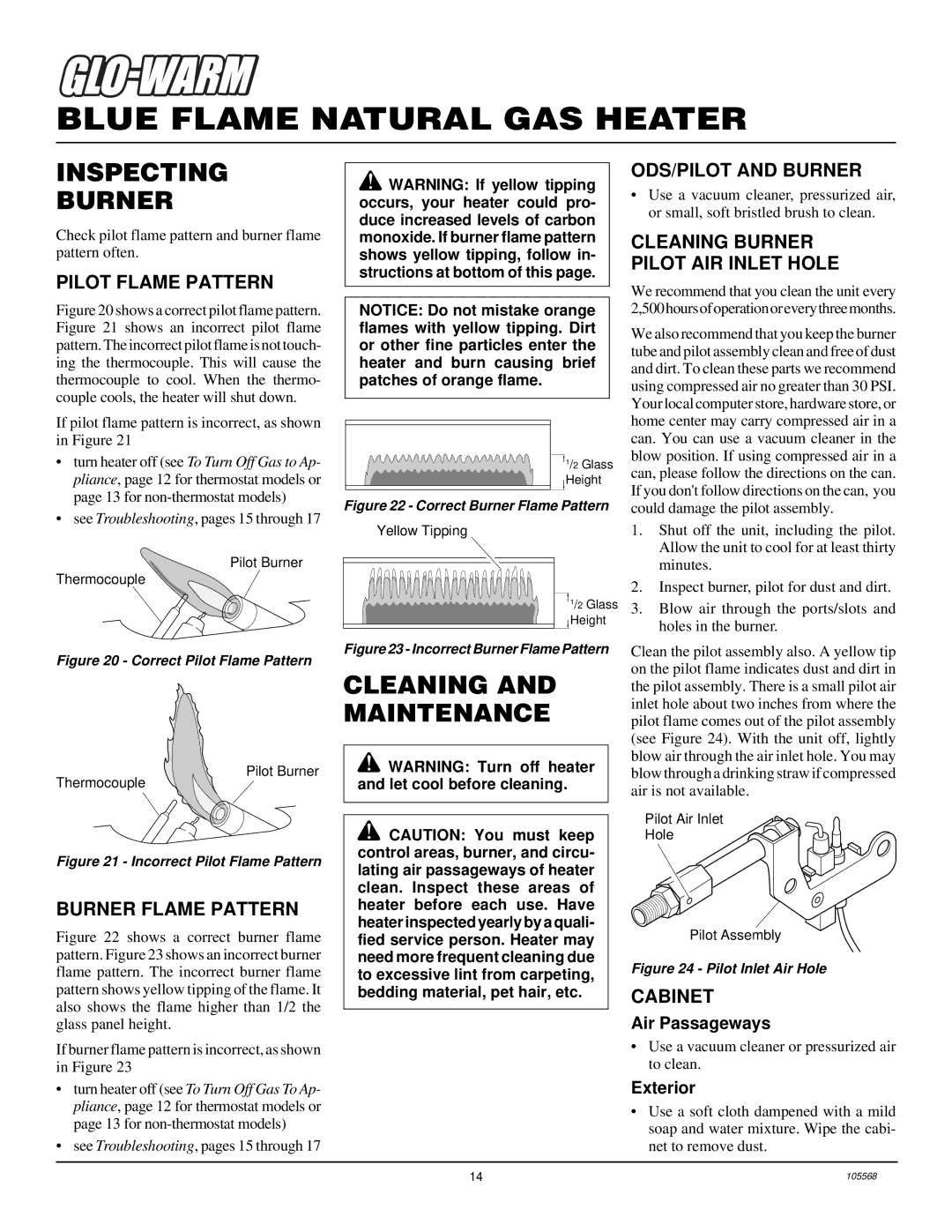 Desa FA-30BB, FAS-30BB, FA-20BB, FGH-30NGB, FAS-20BB installation manual Inspecting Burner, Cleaning and Maintenance 