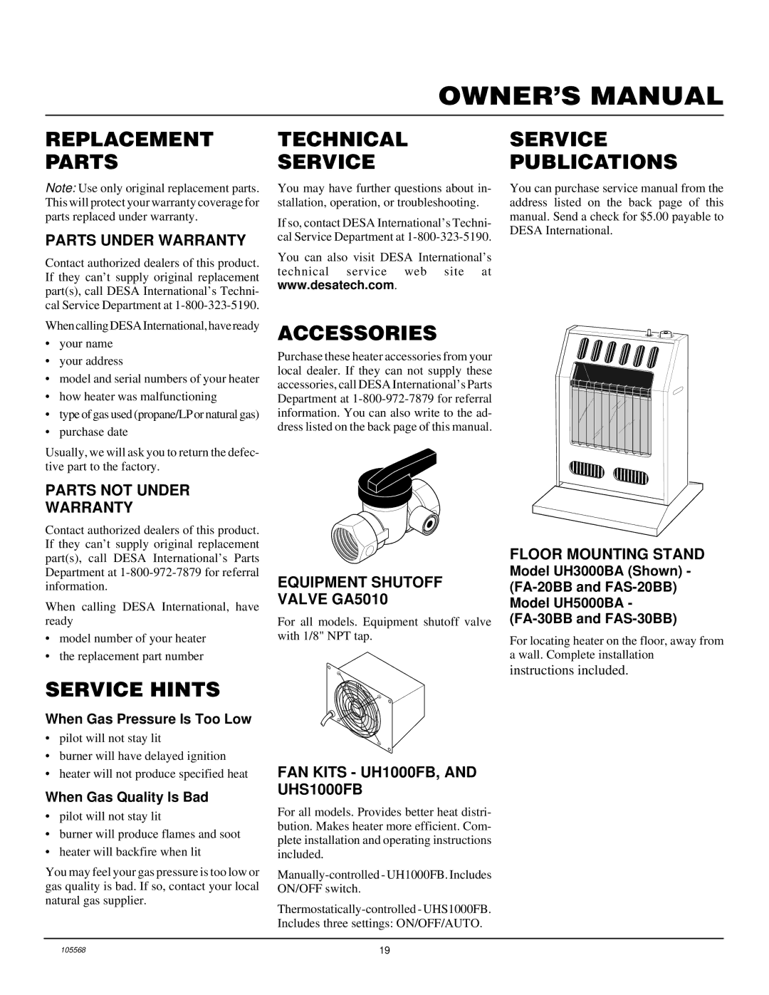 Desa FA-30BB, FAS-30BB, FA-20BB Replacement Parts, Service Hints, Technical Service, Accessories, Service Publications 